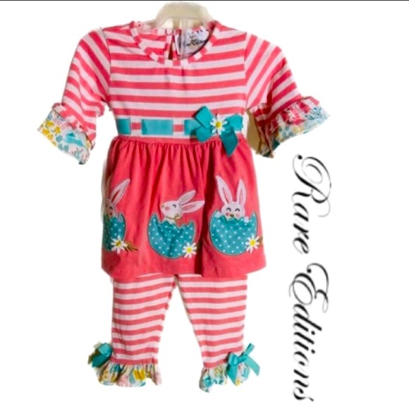 RARE EDITIONS Coral Ruffled Striped Pant Set W/Bows & Appliqués Size 12 Months - Picture 1 of 8